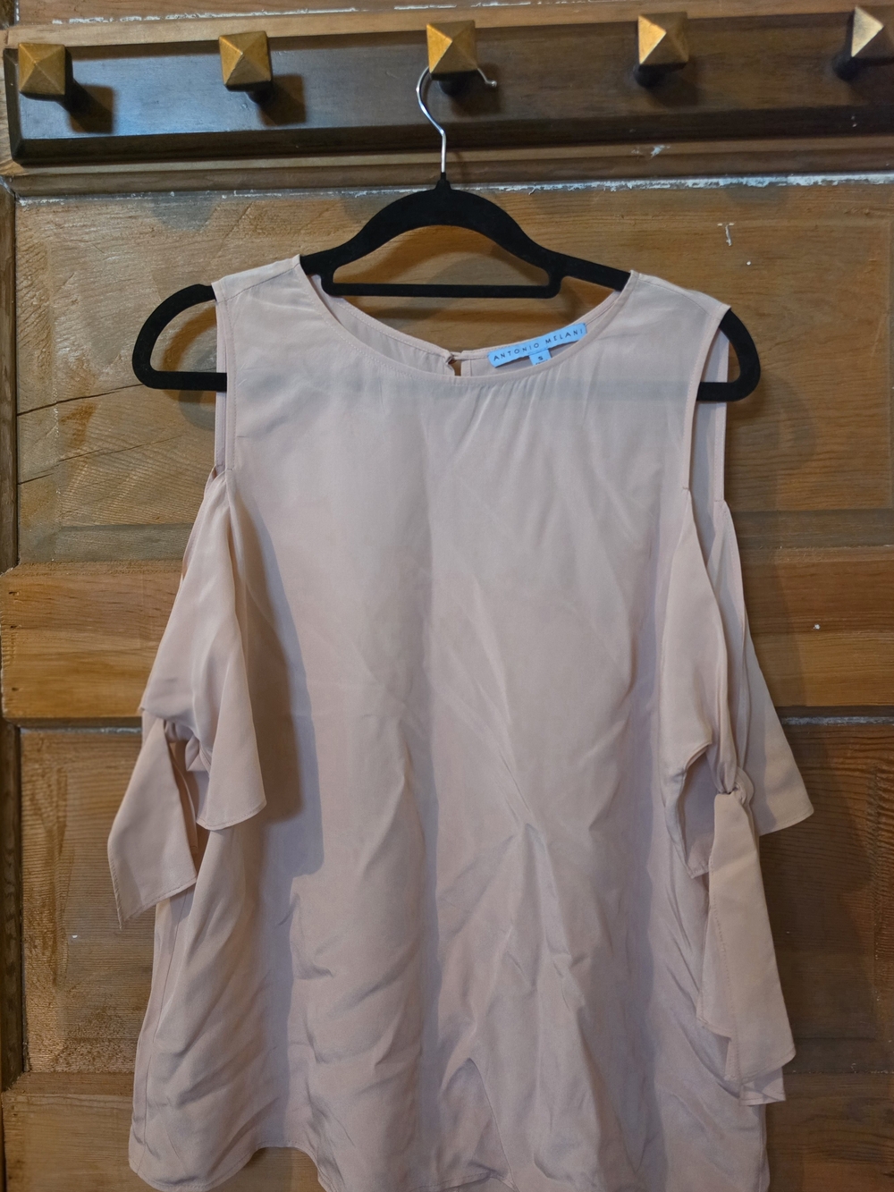 100% Silk ANTONIO MELANI Blush Pink Cold-Shoulder Tie Blouse